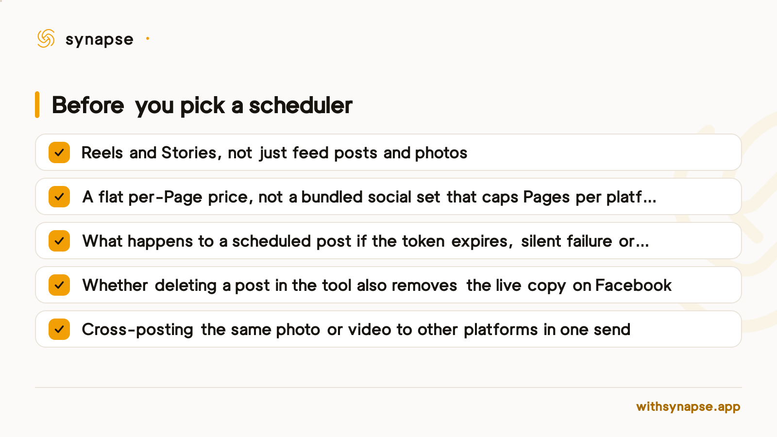 A checklist of five things to verify before choosing a Facebook post scheduling tool in 2026.