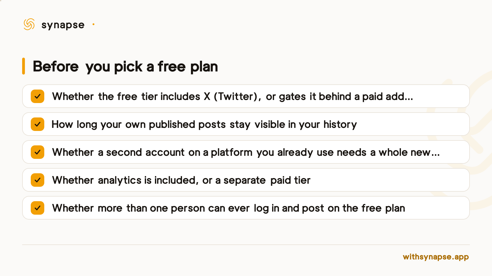 A checklist of five things to check before choosing a free social media scheduler plan.