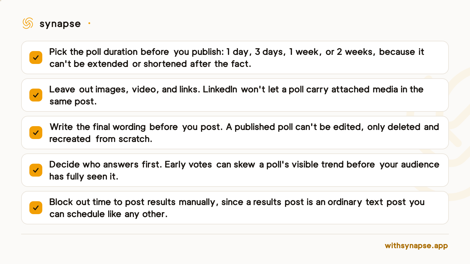 A checklist of five things to confirm before publishing a LinkedIn poll, which can't be scheduled or edited once live.