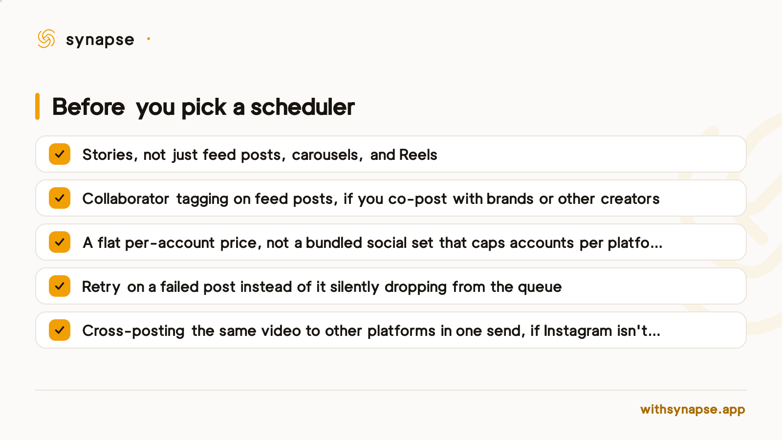 A checklist of five things to verify before choosing an Instagram scheduling tool in 2026.