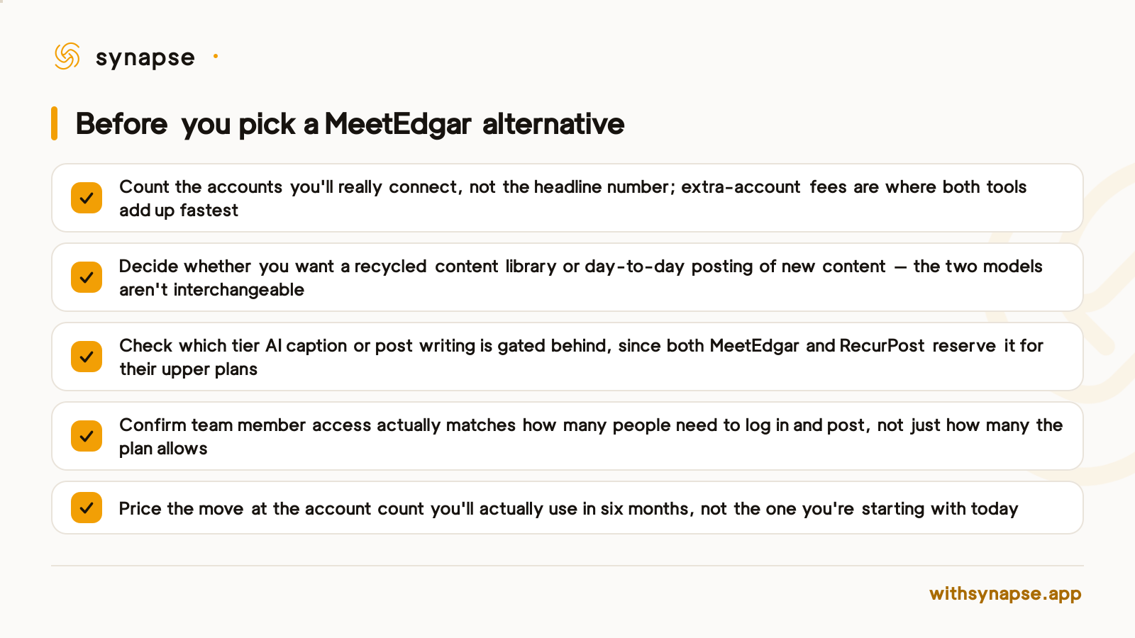 Checklist for choosing between a content-recycling tool and a direct cross-posting tool.