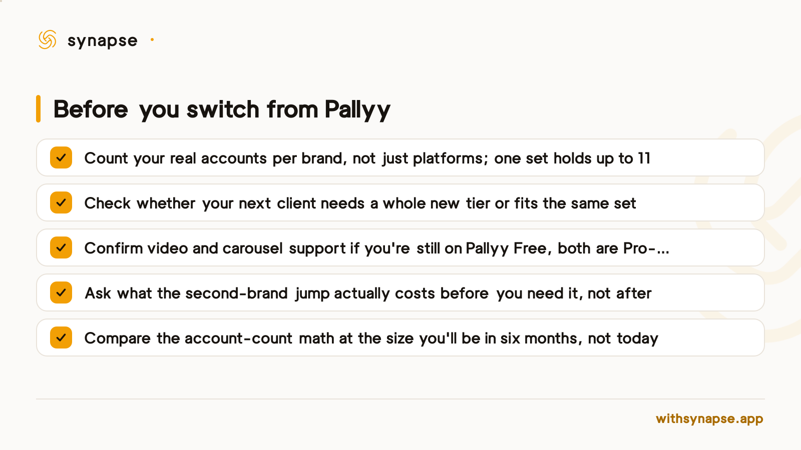 A checklist of five things to verify before switching away from Pallyy's social set pricing.