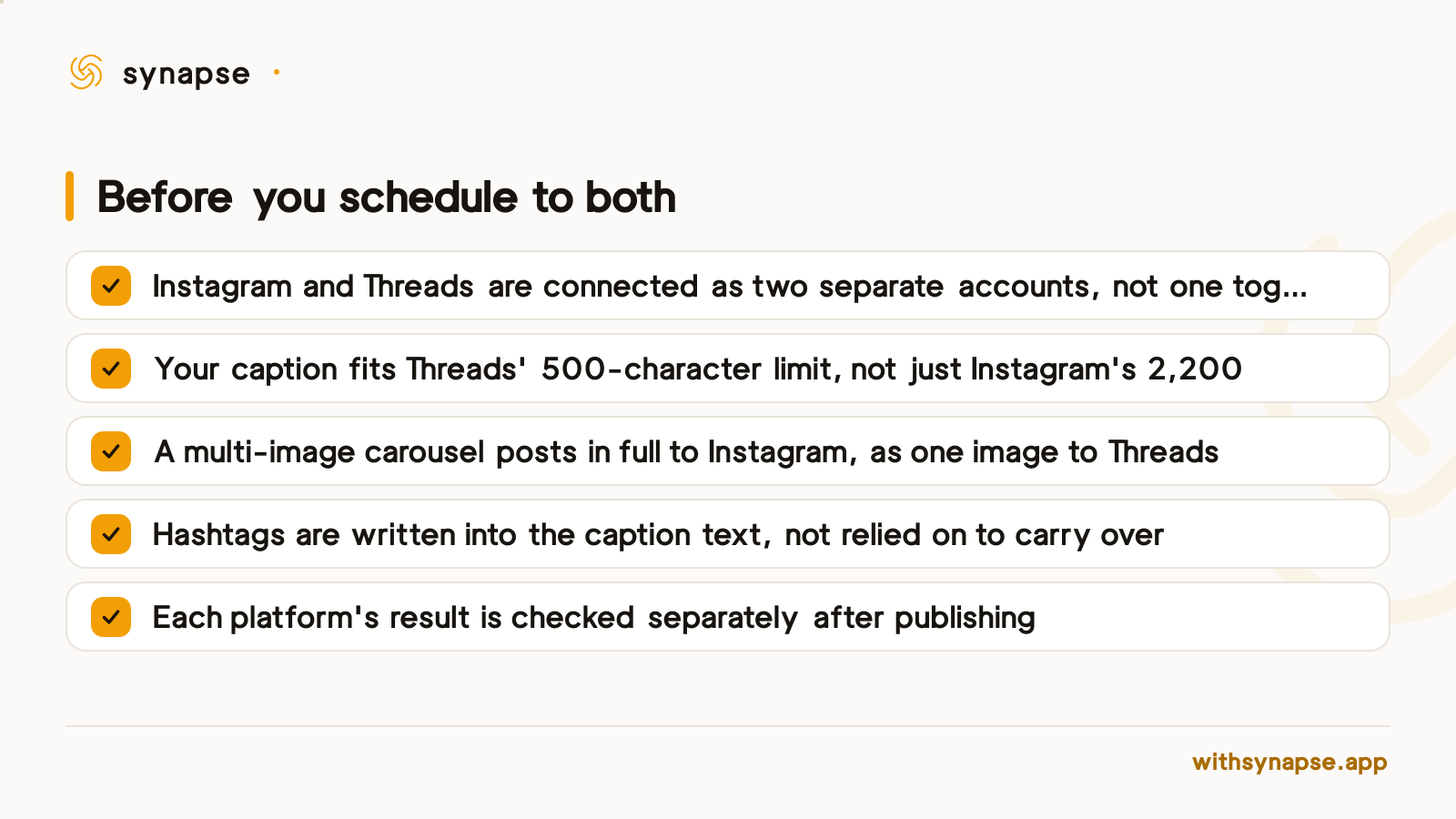 A checklist of five things to verify before scheduling one post to both Instagram and Threads.