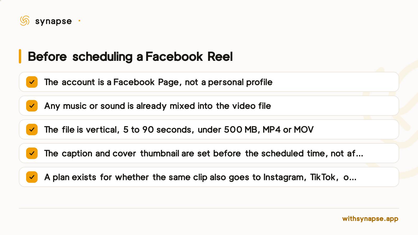 A five-item checklist for scheduling a Facebook Reel in advance.