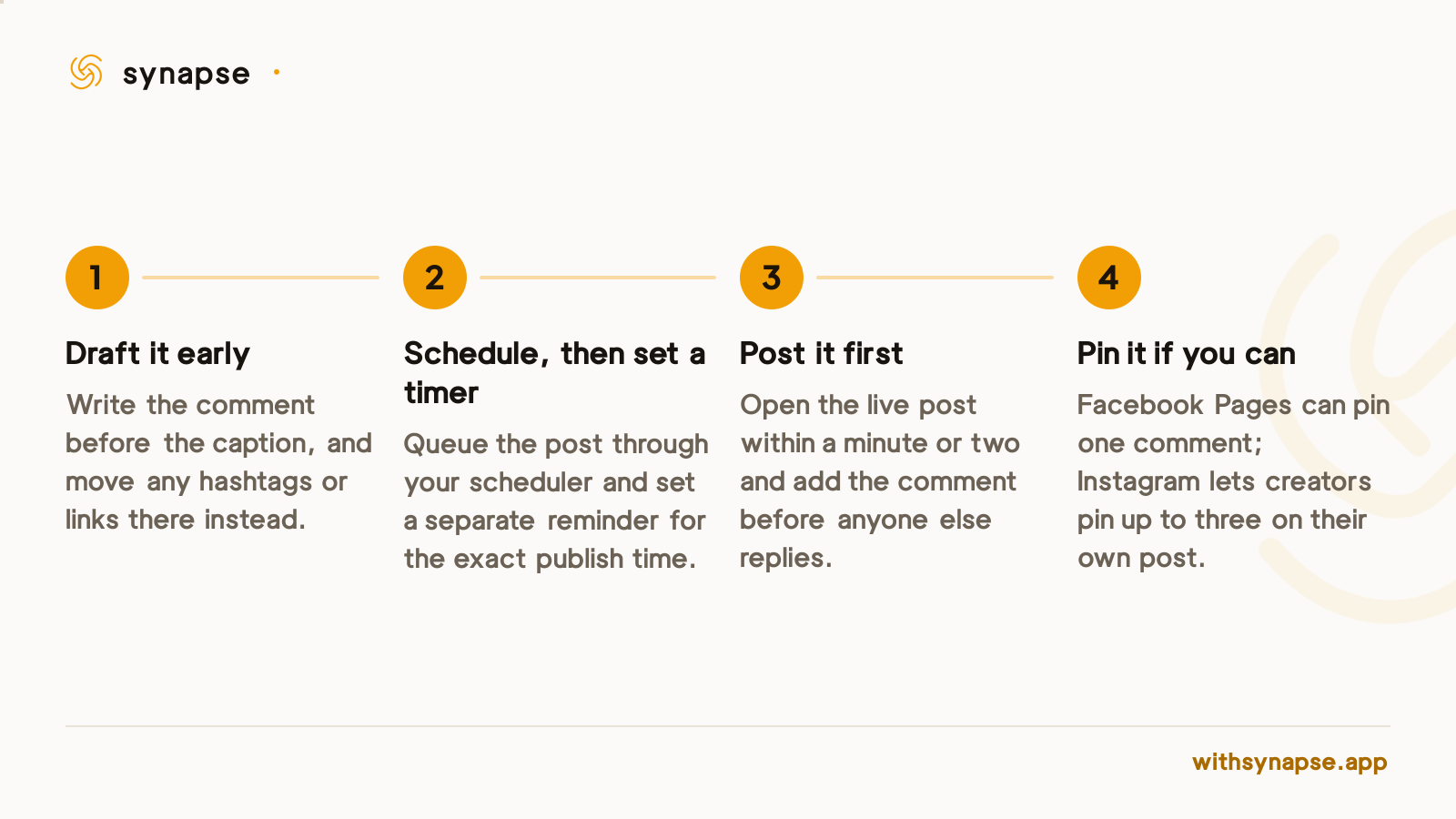 Four steps for manually posting a first comment the moment an Instagram or Facebook post goes live.