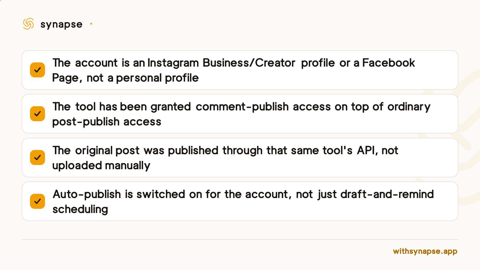 A checklist of four requirements a tool needs before it can auto-post a first comment on Instagram or Facebook.