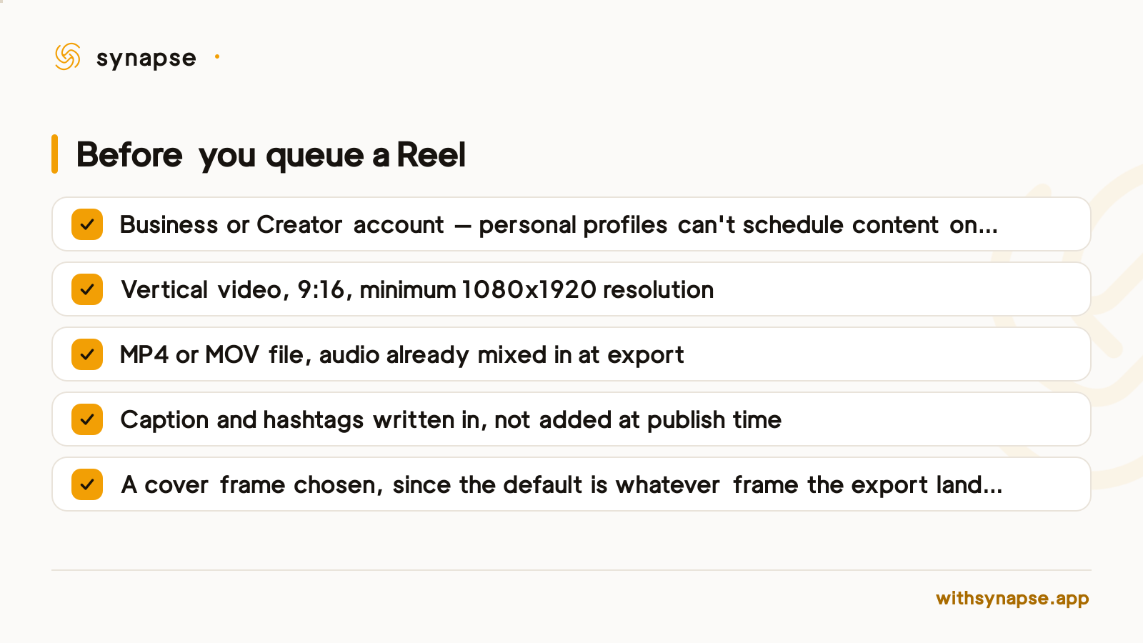 A checklist of five requirements to confirm before scheduling an Instagram Reel in advance.
