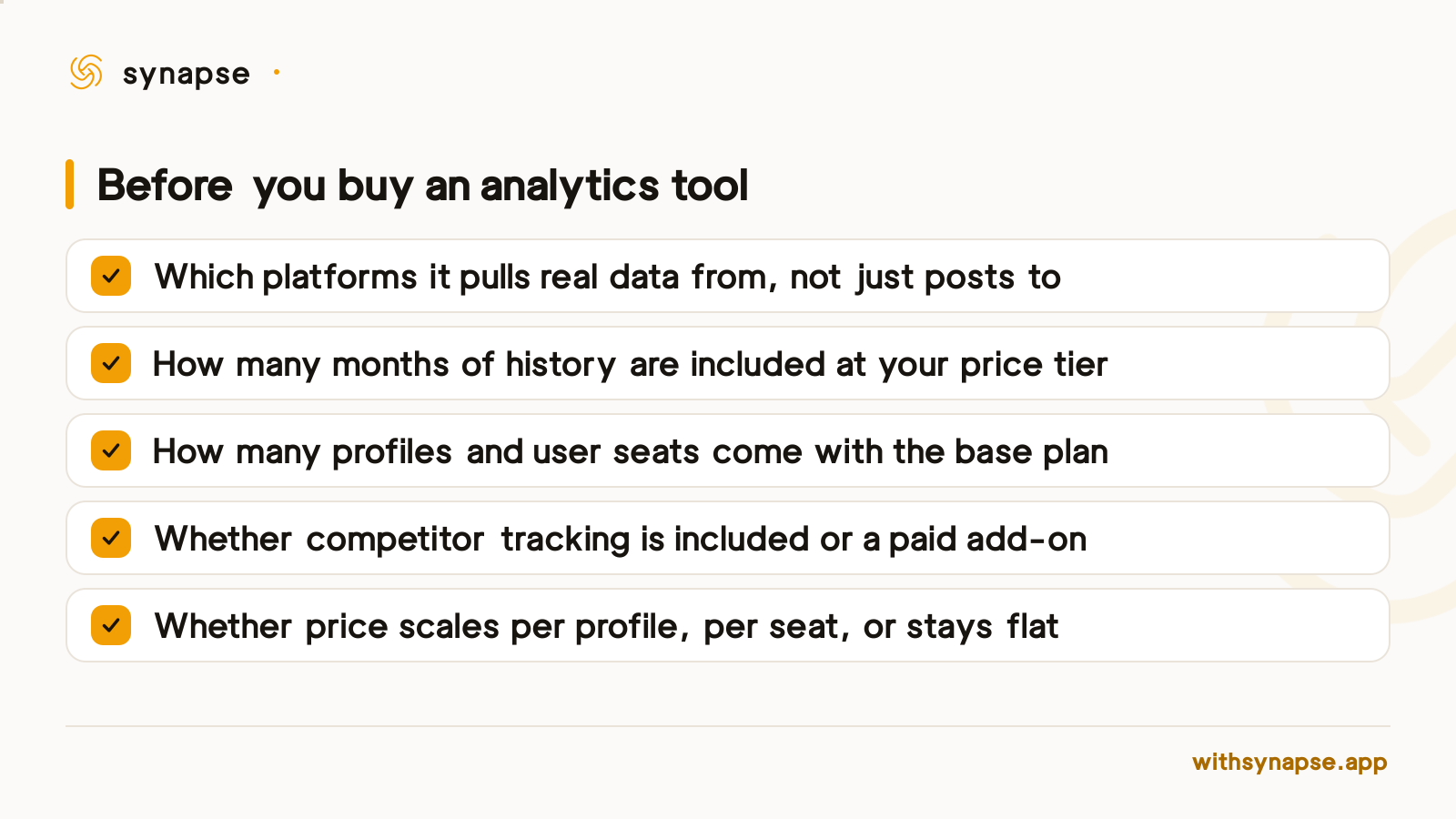 A buying checklist: platform coverage, history included, profiles, seats, competitor tracking, and pricing model.