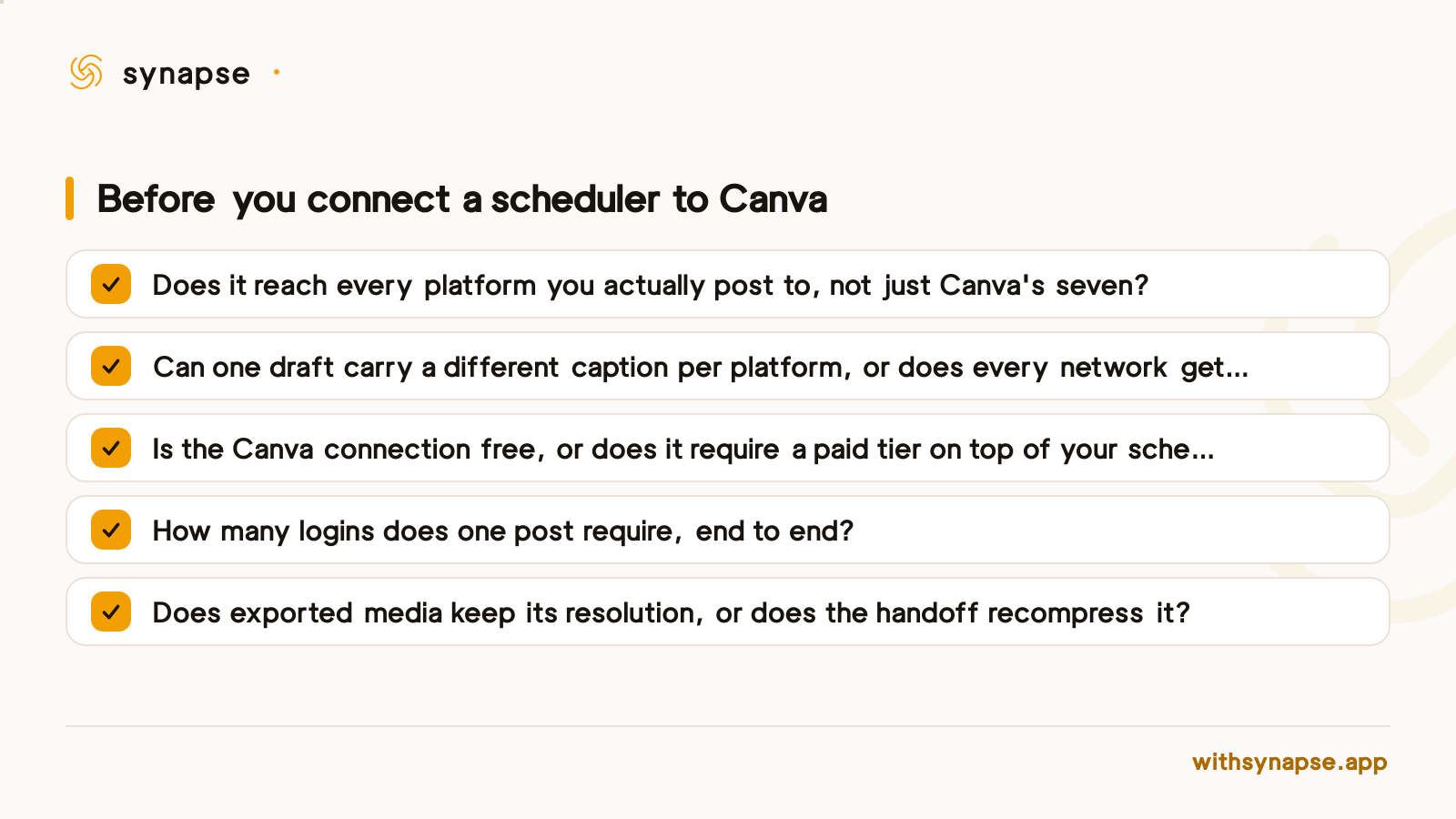 A checklist of what to verify before choosing a Canva-integrated scheduler or a scheduler with built-in design tools.