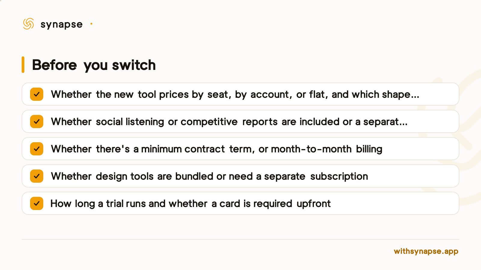 A checklist of five things to check before switching away from Sprout Social to a new social media tool.