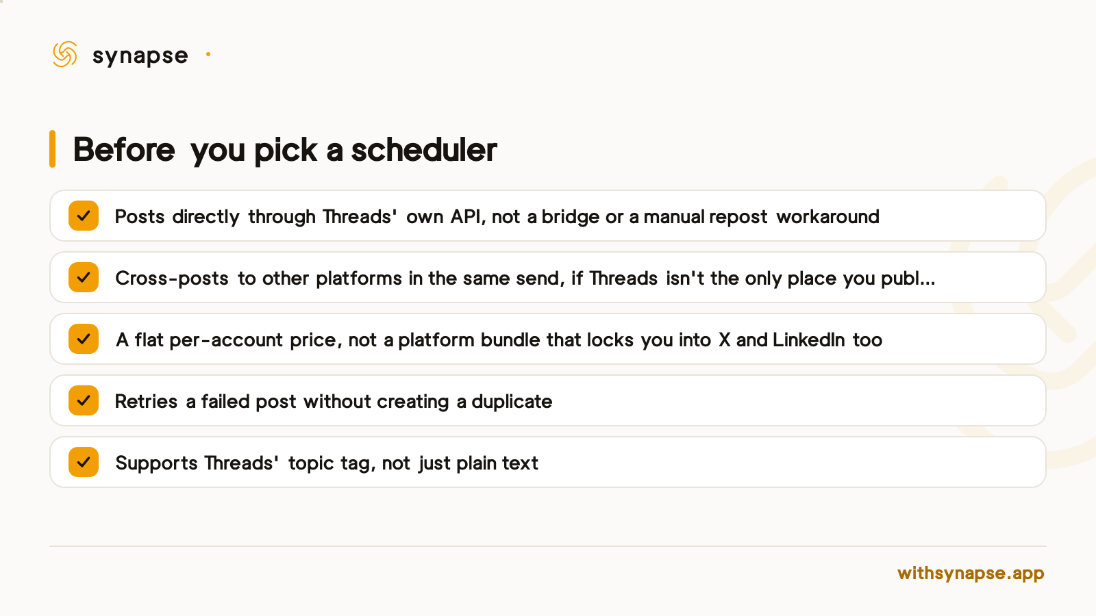 A checklist of five things to verify before choosing a Threads scheduling tool in 2026.