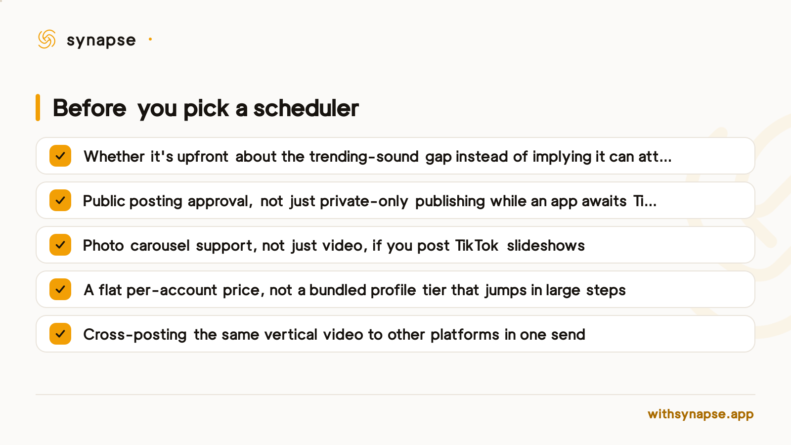 A checklist of five things to verify before choosing a TikTok scheduling tool in 2026.