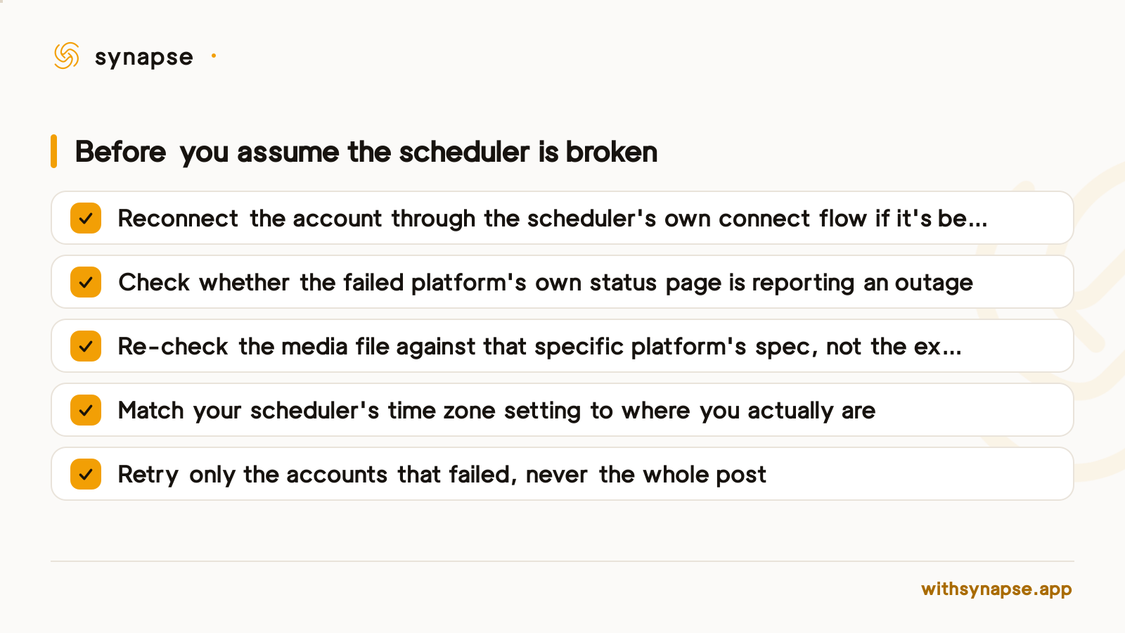 A five-item checklist for diagnosing a failed scheduled social media post before assuming the tool is broken.